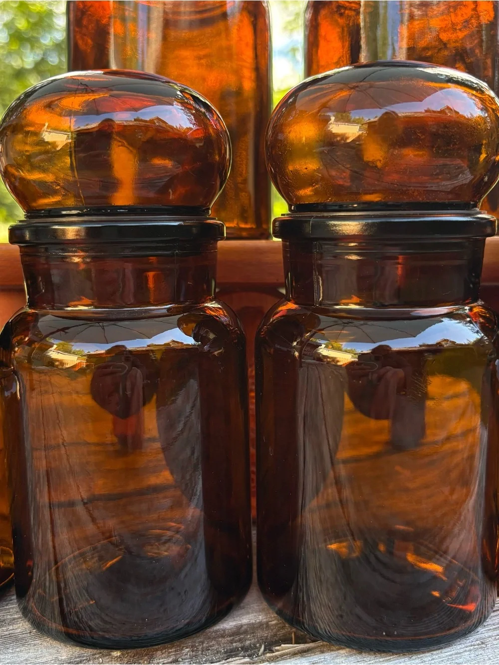 Set of Six Vintage Belgium Amber Brown Glass Apothecary Bottles